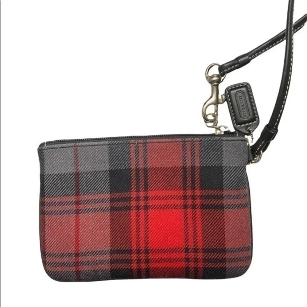 Coach plaid and leather wristlet bag